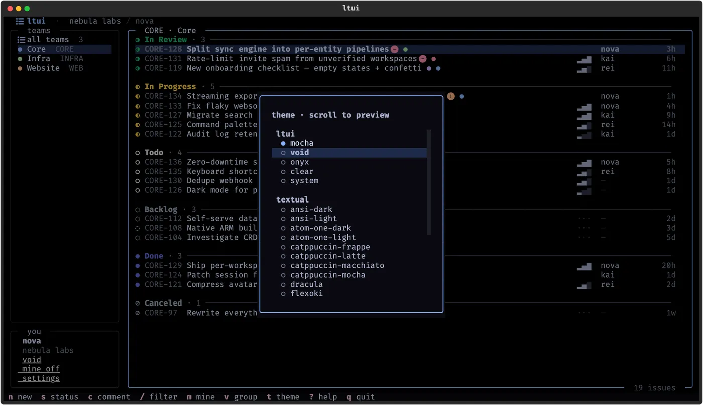 The ltui theme picker previewing visual themes without leaving the issue board
